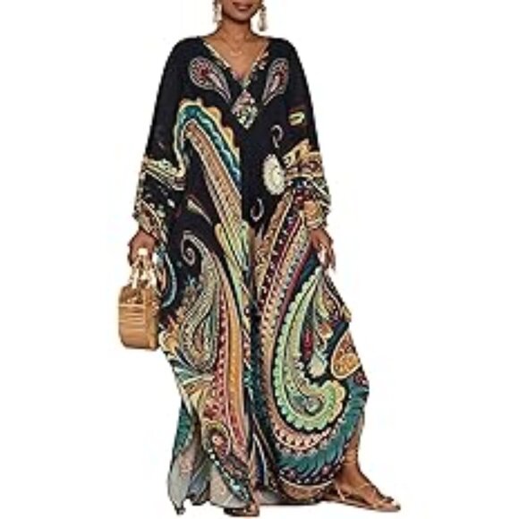 Ethnic Print Plus Size Beach Cover Ups Batwing Sleeve Caftans with Pockets - Picture 5 of 5
